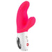 Pink and white dual-action vibrator with ergonomic handle and control buttons, designed for targeted stimulation.