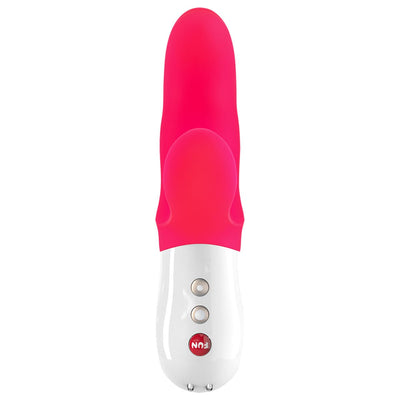Fun Factory Miss Bi Rabbit vibrator in bright pink with dual stimulation design and white ergonomic handle.