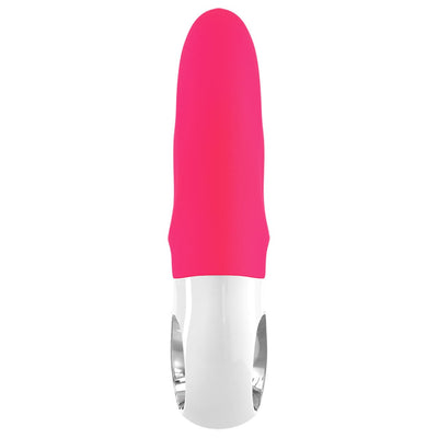 Compact dual-action vibrator in vibrant pink silicone with ergonomic white handle and sleek design.