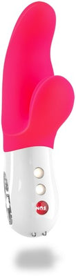 Pink and white dual-action vibrator with ergonomic handle and control buttons designed for targeted stimulation.