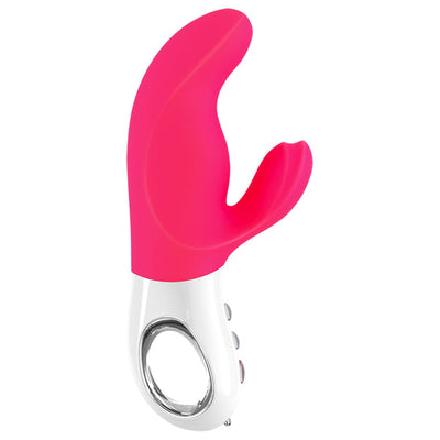 Pink and white dual-action vibrator with ergonomic handle and flexible clitoral stimulator.