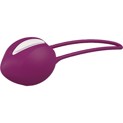 White and grape purple Fun Factory Smartball Uno pelvic floor training ball with flexible silicone retrieval band.