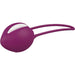 White and grape purple Fun Factory Smartball Uno pelvic floor training ball with flexible silicone retrieval band.