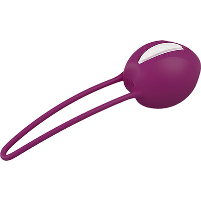 Fun Factory Smartball Uno in white and grape, ergonomic pelvic floor training ball with flexible silicone retrieval loop.