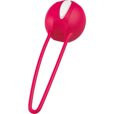 Fun Factory Smartballs Uno in white and india red with ergonomic loop handle for pelvic floor exercise.