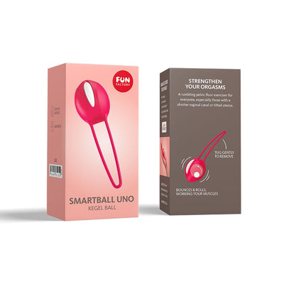 Packaging of Fun Factory Smartballs Uno Kegel ball in white and india red, showing front and back with usage instructions.