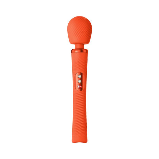 Sunrise orange Fun Factory VIM wand vibrator with textured handle and control buttons on white background