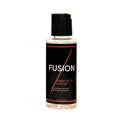 Small clear bottle of Fusion Deep Action Silicone personal lubricant with black and red label and black flip cap