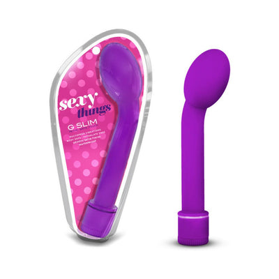 Purple G Slim Petite vibrator with curved head and satin finish, shown inside and outside of clear packaging.