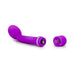 Compact purple G Slim Petite vibrator with satin finish, angled head, and removable battery cap shown on white background.