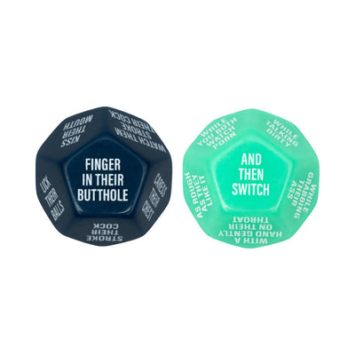 Two large 12-sided dice in navy and teal with playful adult-themed prompts for couples' game night.