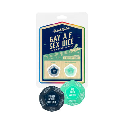 Gay AF Sex Dice for gay men adult couples game with two large 12-sided dice and colorful packaging.