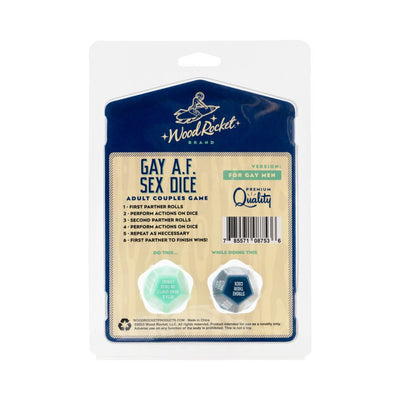 Packaging of Gay AF Sex Dice for gay men by Wood Rocket, featuring two 12-sided dice in premium adult couples game set.