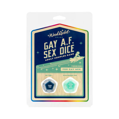 Packaging of WoodRocket Gay A.F. Sex Dice adult couples game for gay men with two 12-sided dice in blue and green.