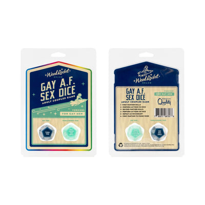 Packaging of Gay AF Sex Dice for gay men by Wood Rocket, showing two 12-sided dice with playful adult game prompts.