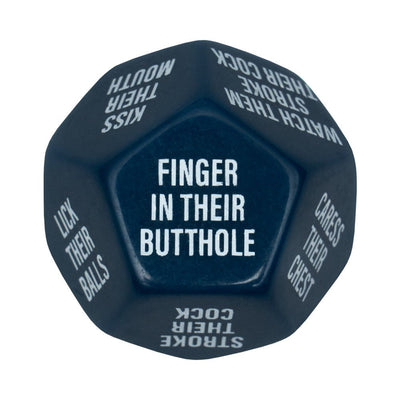 Close-up of a black 12-sided adult game dice with white text featuring intimate actions for couples.