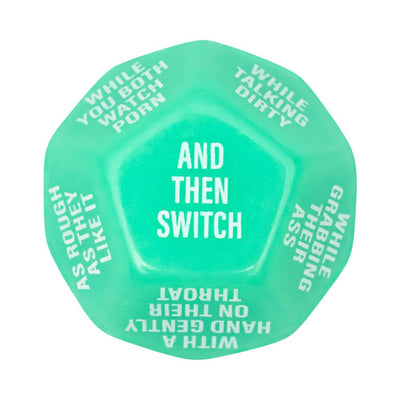 Green 12-sided adult game dice with white text featuring playful intimate actions and instructions for couples.