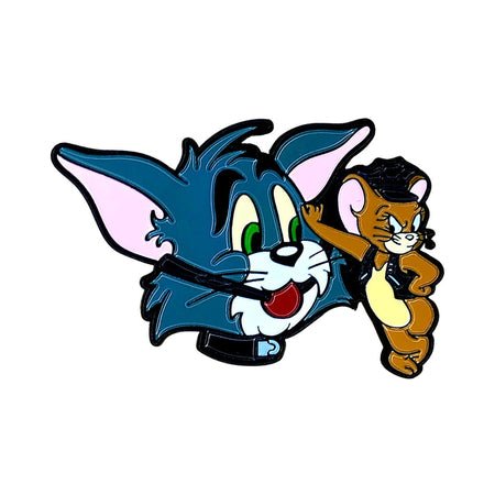 Enamel pin featuring a playful cat and mouse with a quirky, geeky design and subtle kinky elements.