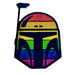 Enamel pin of a helmet with rainbow pride colors and glitter accents, inspired by a popular sci-fi bounty hunter.