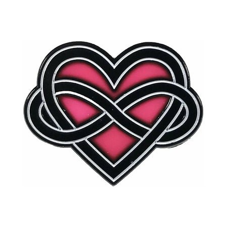 Enamel pin featuring a black infinity symbol intertwined with a pink heart, representing polyamory pride.