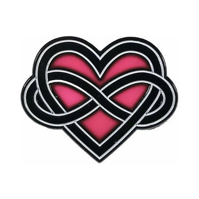 Enamel pin featuring a black infinity symbol intertwined with a pink heart, representing polyamory pride.
