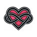 Enamel pin featuring a black infinity symbol intertwined with a pink heart, representing polyamory pride.
