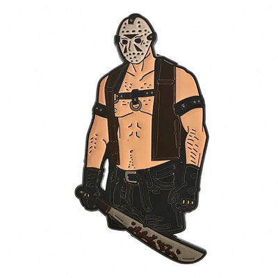 Enamel pin of a muscular figure wearing a hockey mask, leather harness, gloves, and holding a machete.