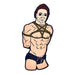 Enamel pin of a muscular figure wearing a Michael Myers mask, bound with rope and dressed in black shorts.