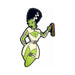 Enamel pin of a green-skinned character with black and white hair wearing a stylized bondage-inspired outfit holding a whip.
