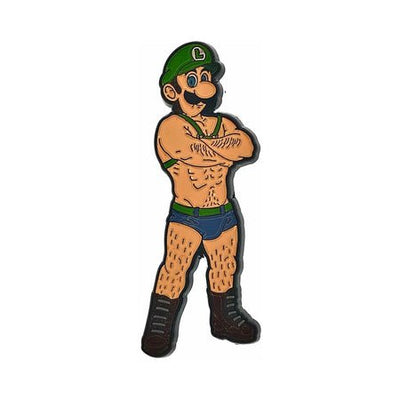 Enamel pin of a muscular cartoon character with a mustache wearing a green hat, briefs, and boots, arms crossed confidently.