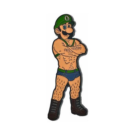 Enamel pin of a muscular cartoon character with a mustache wearing a green hat, briefs, and boots, arms crossed confidently.