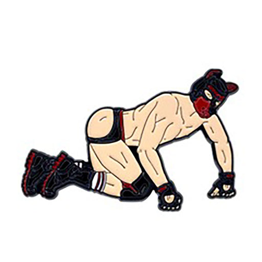 Enamel pin of a kneeling figure wearing a dog mask, gloves, boots, and minimal clothing in black and red accents.