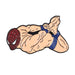 Enamel pin of a muscular figure wearing a red webbed mask, bound with blue ropes on wrists and ankles.