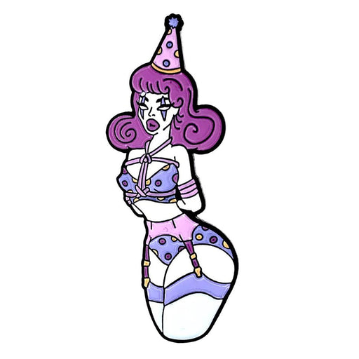 Enamel pin of a stylized clown woman with purple hair, party hat, and polka dot lingerie with rope details.