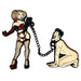 Enamel pins featuring a stylized woman in fishnet stockings holding a chain connected to a crouching man with a collar.