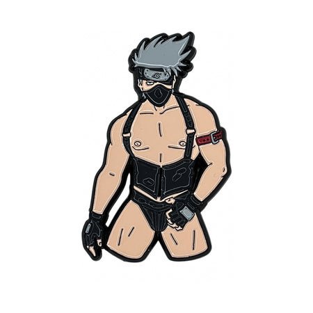 Enamel pin of a muscular character wearing a harness, gloves, mask, and headband with spiky gray hair.