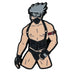 Enamel pin of a muscular figure with grey hair, black mask, gloves, and harness-style outfit in a bold pose.