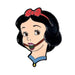Enamel pin of a Snow White-inspired character wearing a red bow and a ballgag with a green apple design.