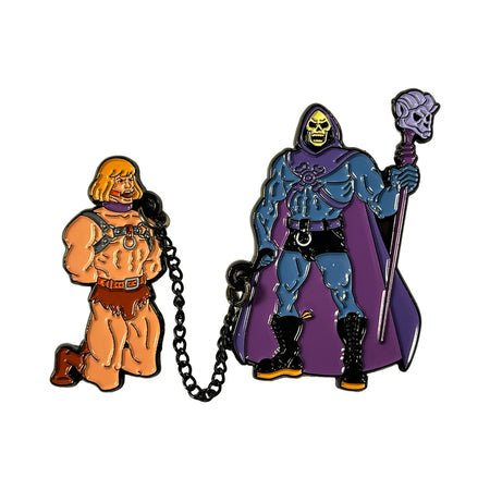 Enamel pin set featuring a muscular warrior kneeling chained to a cloaked skeleton figure holding a skull staff.