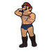 Enamel pin of a muscular cartoon character wearing a red cap, harness, blue shorts, gloves, and black boots, flexing his arm.