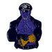 Enamel pin of a muscular purple character wearing a leather cap and jacket with an Infinity Gauntlet glove.