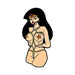 Enamel pin featuring a stylized woman with long black hair in rope bondage and star pasties.