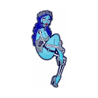Blue-toned enamel pin of a stylized skeletal bride with long hair and high heels, featuring gothic and quirky design elements.