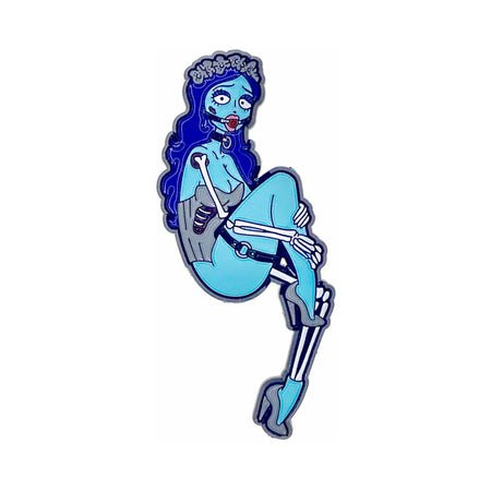 Blue-toned enamel pin of a stylized skeletal bride with long hair and high heels, featuring gothic and quirky design elements.