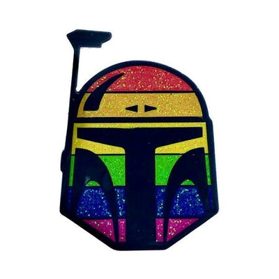 Enamel pin of a stylized helmet with rainbow pride colors and glitter accents.