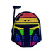 Enamel pin of a stylized helmet with rainbow pride colors and glitter accents.