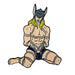 Enamel pin of a muscular character wearing a winged helmet and dark shorts, bound with white ropes in a seated pose.