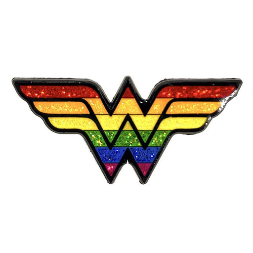 Rainbow glitter Wonder Woman style enamel pin with black outline and double wing design