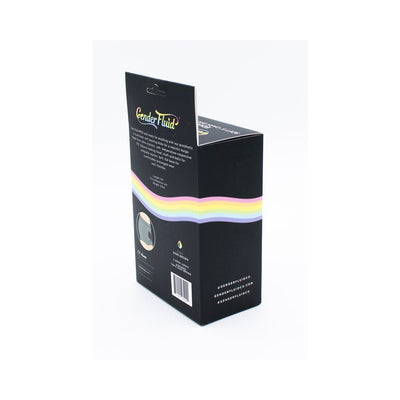 Packaging box for Gender Fluid Equipped Soft Packer 5 Inch in dark brown with rainbow stripe design on black background.