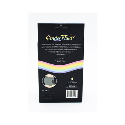 Packaging back of Gender Fluid Equipped Soft Packer 5 inch in dark brown with product details and rainbow design.